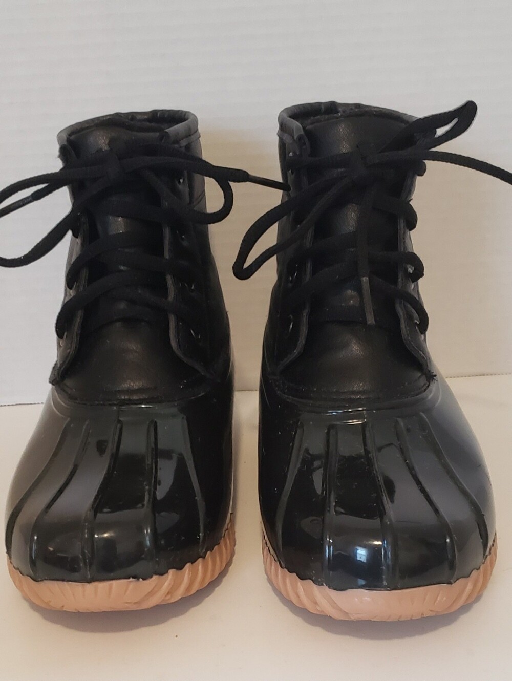 Womens Black Lace-Up Duck Boots size 6.5 with Tan Sole water proof